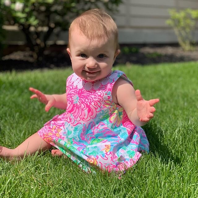 Taking time to play in the grass and smell the flowers  Baby&rsquo;s first time feeling grass in her first Lilly  #babysfirstlilly #lillypulitzer #quarantinelife #readyforsummer #matchingoutfits #matchinggirls  #carolinagirls #readyforvacation
